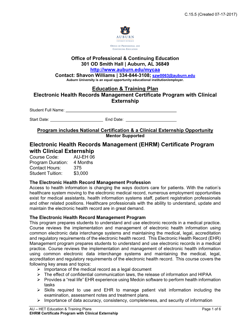 EHRM Certificate Program with Clinical Externship C5 (Created 9/3/15)