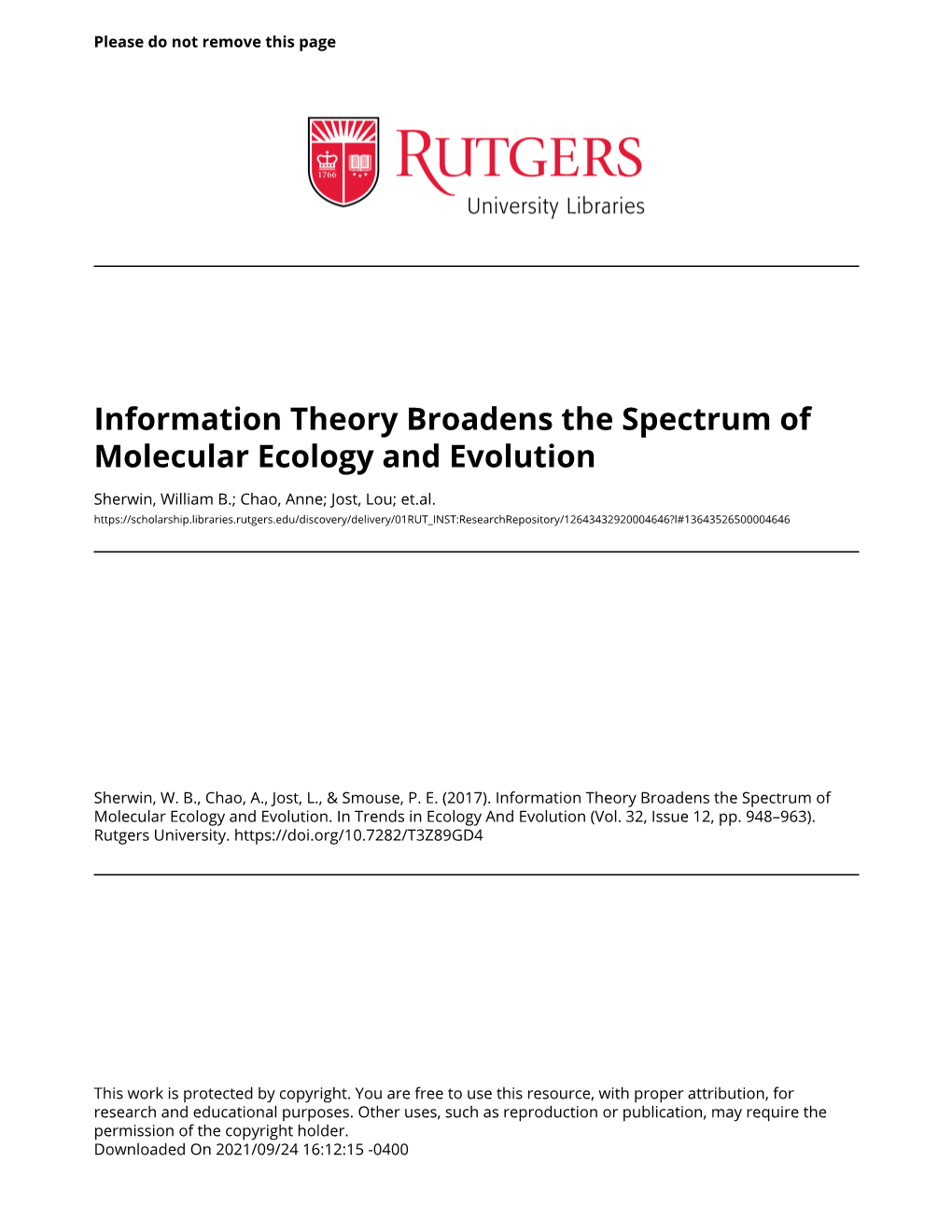 Information Theory Broadens the Spectrum of Molecular Ecology and Evolution