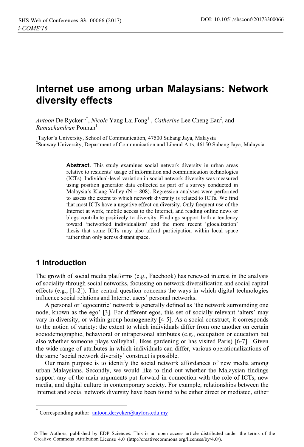 Internet Use Among Urban Malaysians: Network Diversity Effects