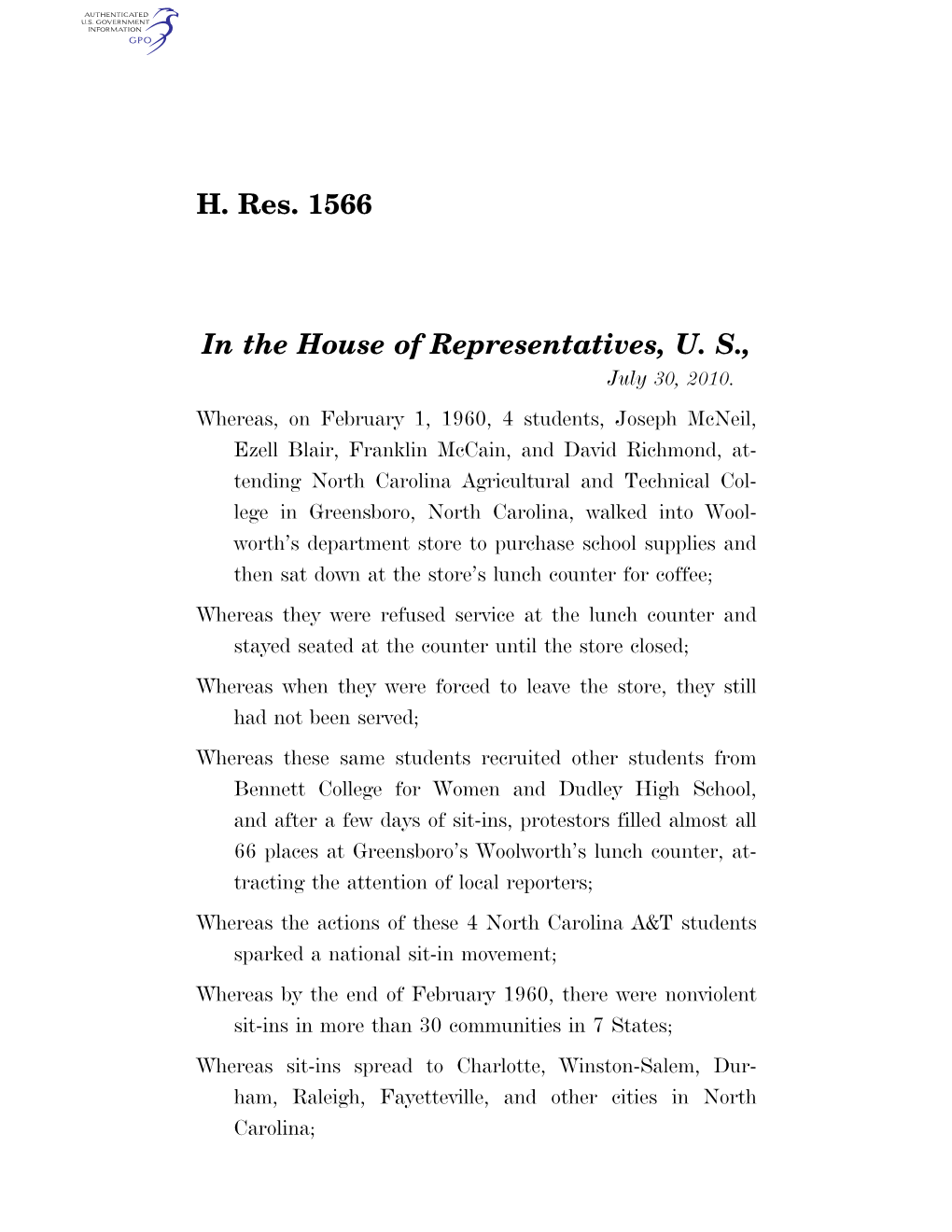 H. Res. 1566 in the House of Representatives, U