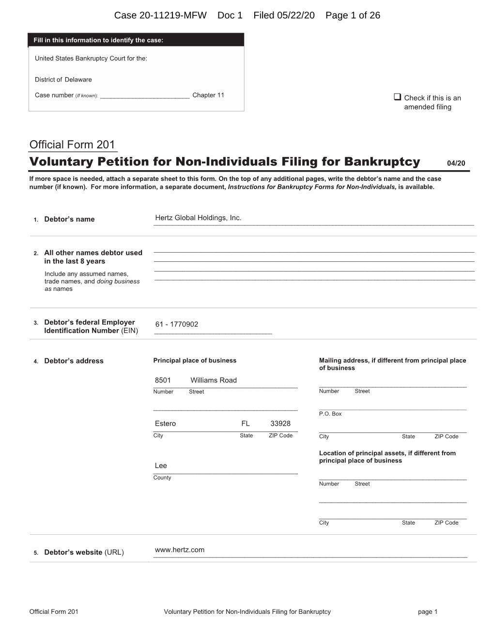 Voluntary Petition for Non-Individuals Filing for Bankruptcy 04/20 If More Space Is Needed, Attach a Separate Sheet to This Form