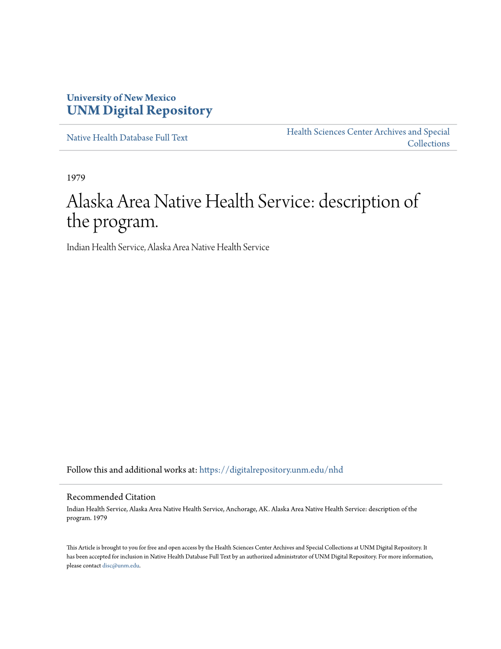 Alaska Area Native Health Service: Description of the Program