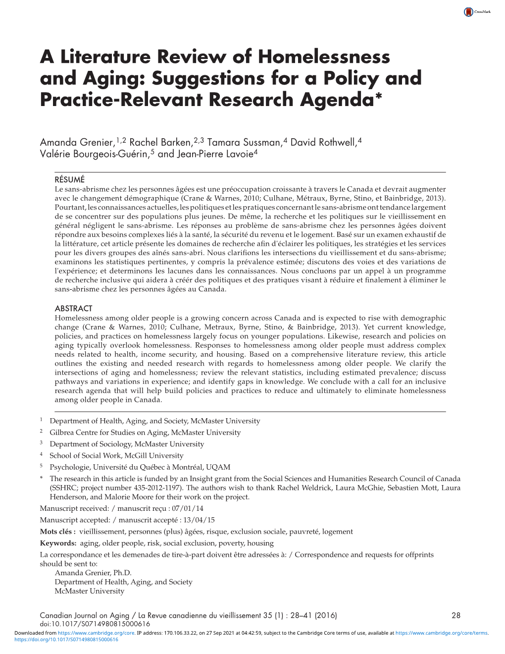 A Literature Review of Homelessness and Aging: Suggestions for a Policy and Practice-Relevant Research Agenda*