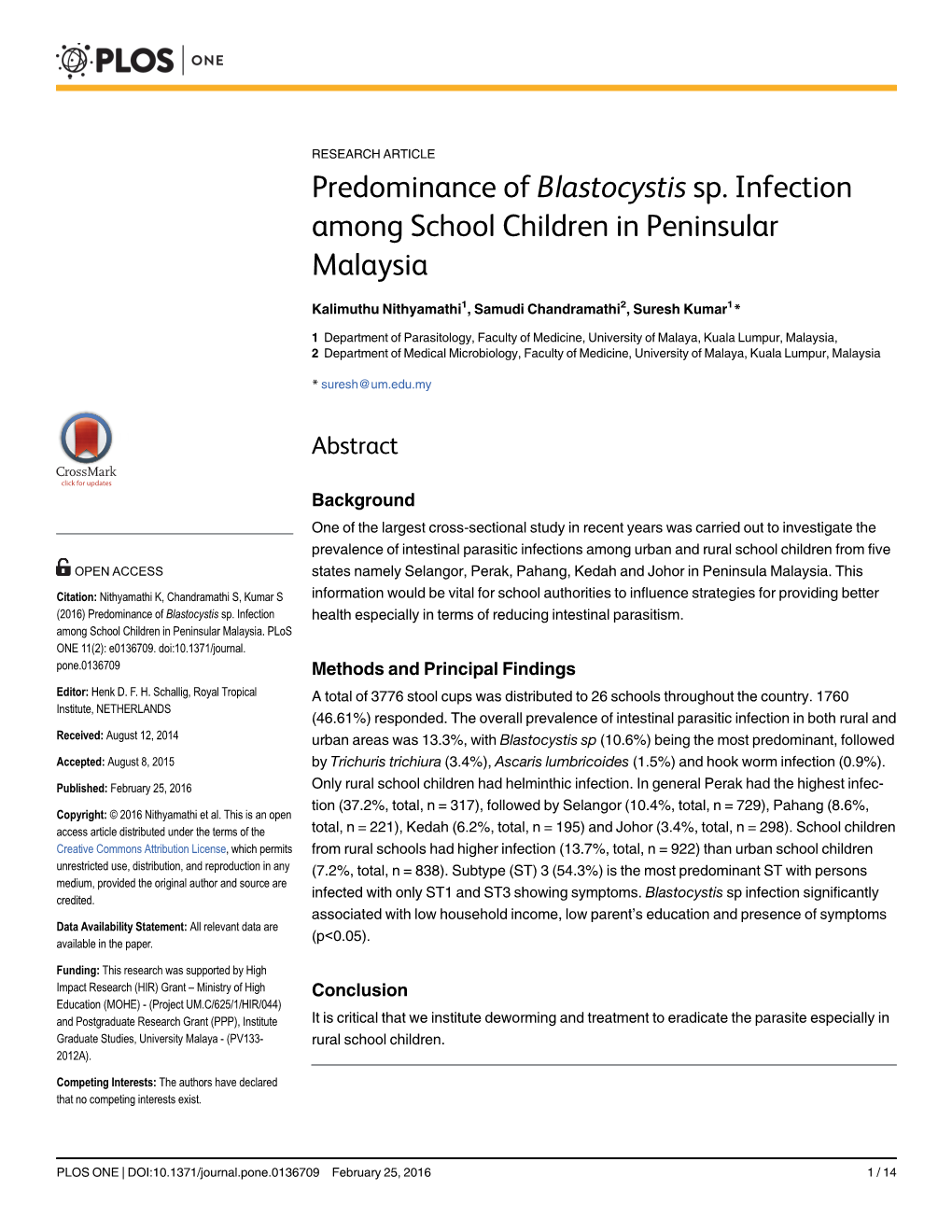 Predominance of Blastocystis Sp. Infection Among School Children in Peninsular Malaysia