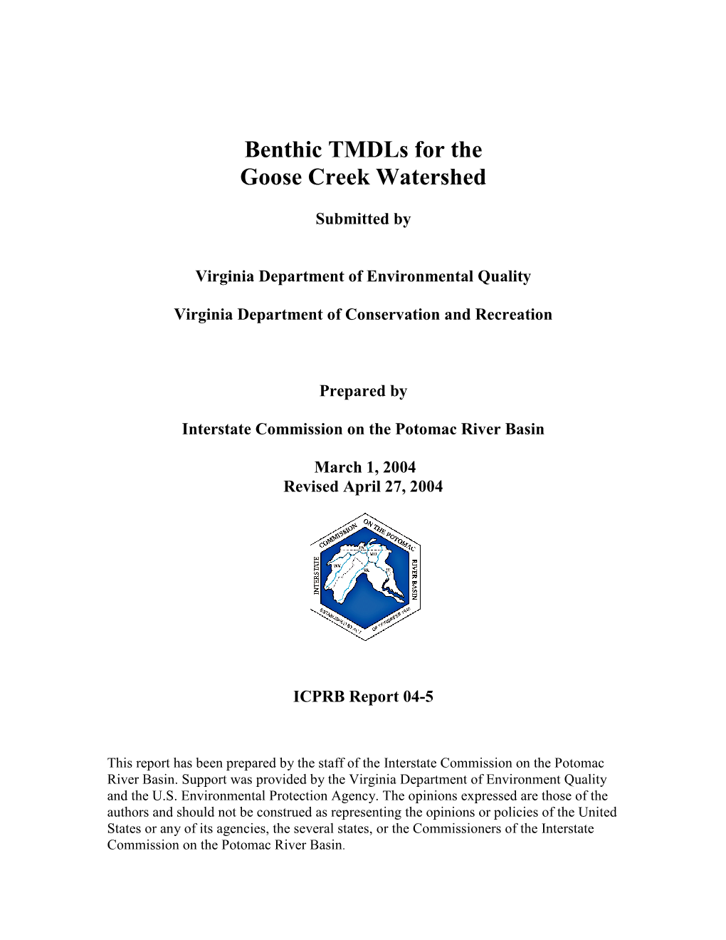 Benthic Tmdls for the Goose Creek Watershed