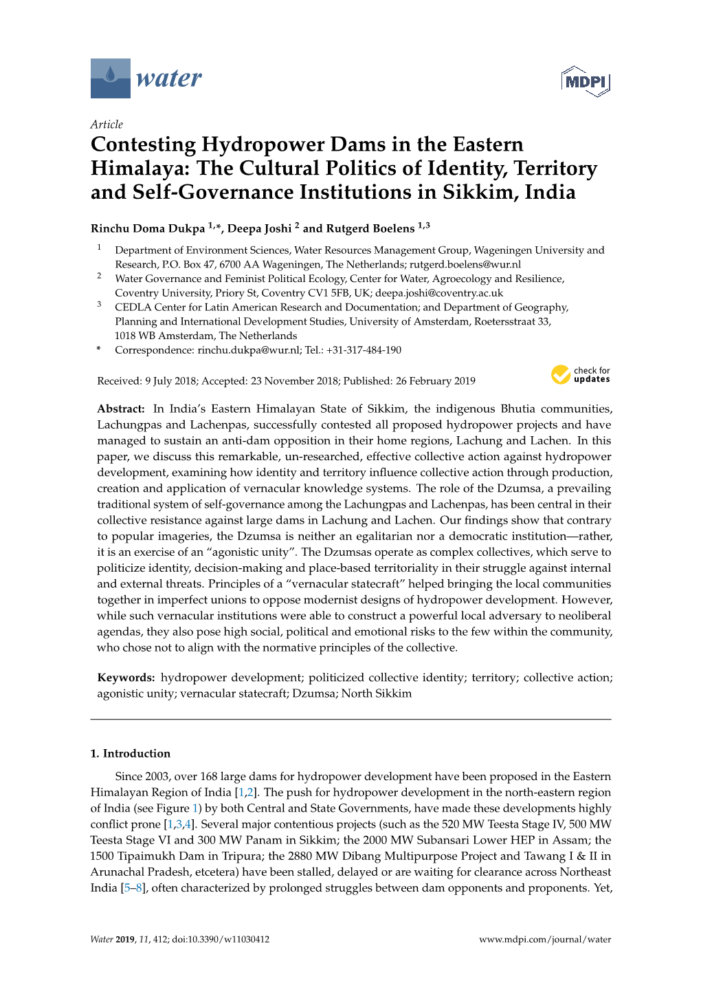 Contesting Hydropower Dams in the Eastern Himalaya: the Cultural Politics of Identity, Territory and Self-Governance Institutions in Sikkim, India