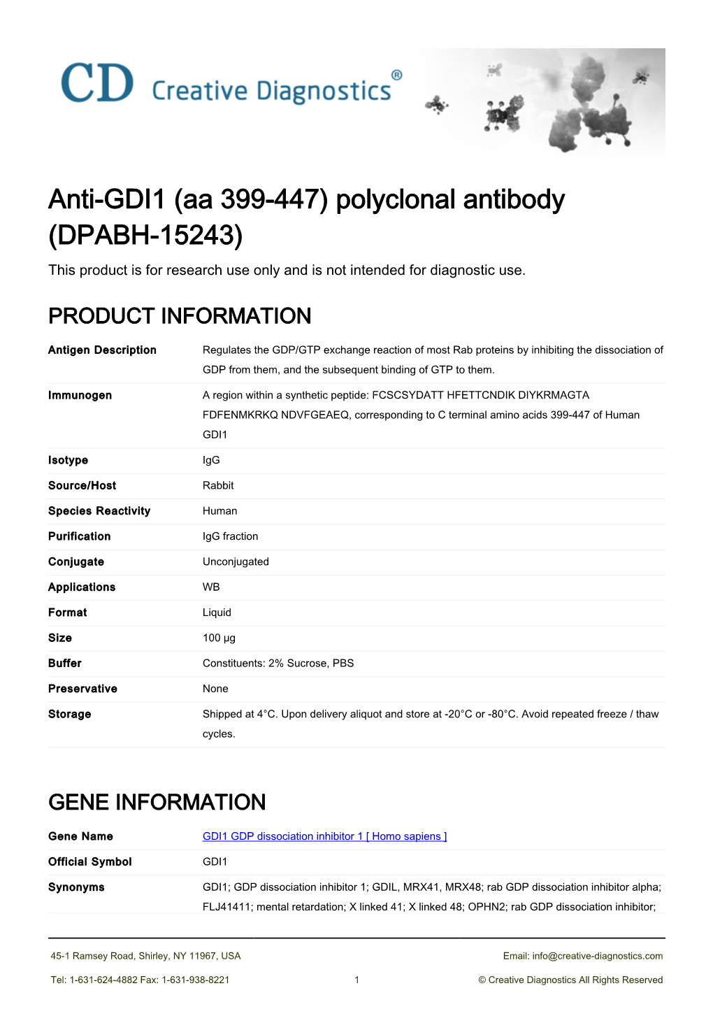 Anti-GDI1 (Aa 399-447) Polyclonal Antibody (DPABH-15243) This Product Is for Research Use Only and Is Not Intended for Diagnostic Use