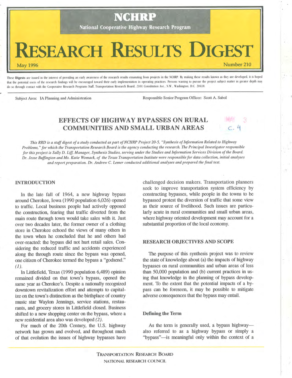 The Effects of Highway Bypasses on Rural Communities and Small Urban