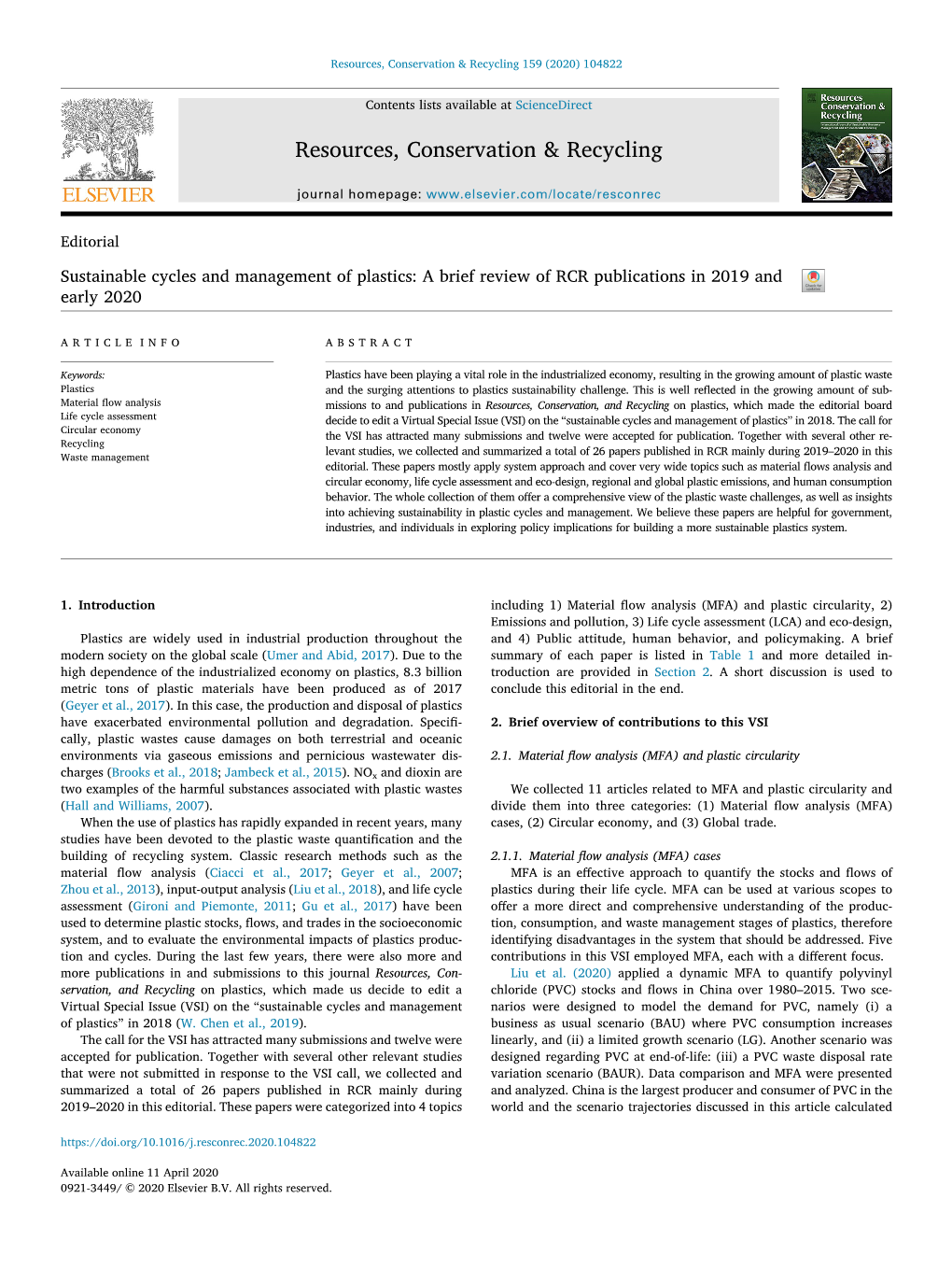 Sustainable Cycles and Management of Plastics a Brief Review of RCR Publications in 2019 and Early 2020