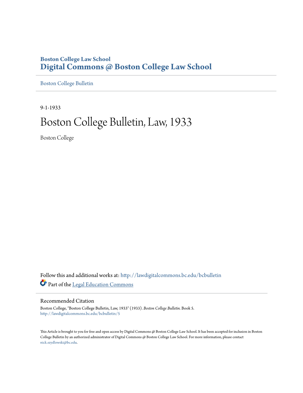 Boston College Bulletin, Law, 1933 Boston College