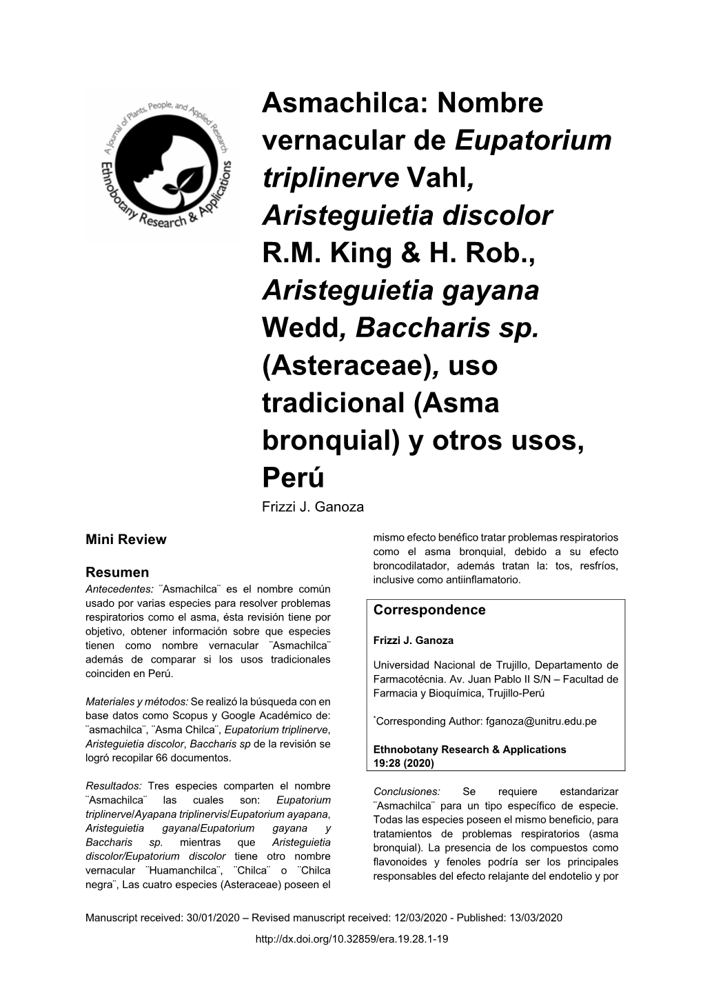 Asmachilca: Nombre Vernacular De Eupatorium Triplinerve Vahl, Aristeguietia Discolor
