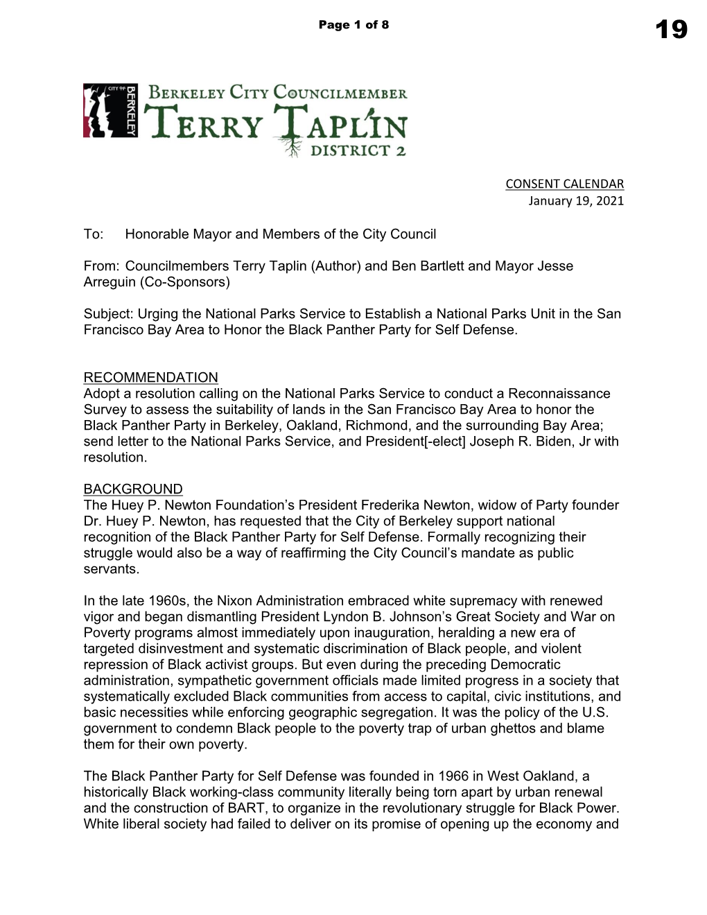 Urging the National Parks Service to Establish a National Parks Unit in the San Francisco Bay Area to Honor the Black Panther Party for Self Defense