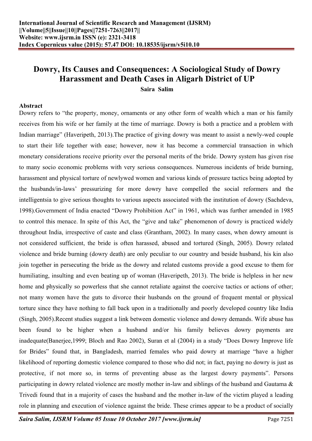 A Sociological Study of Dowry Harassment and Death Cases in Aligarh District of up Saira Salim