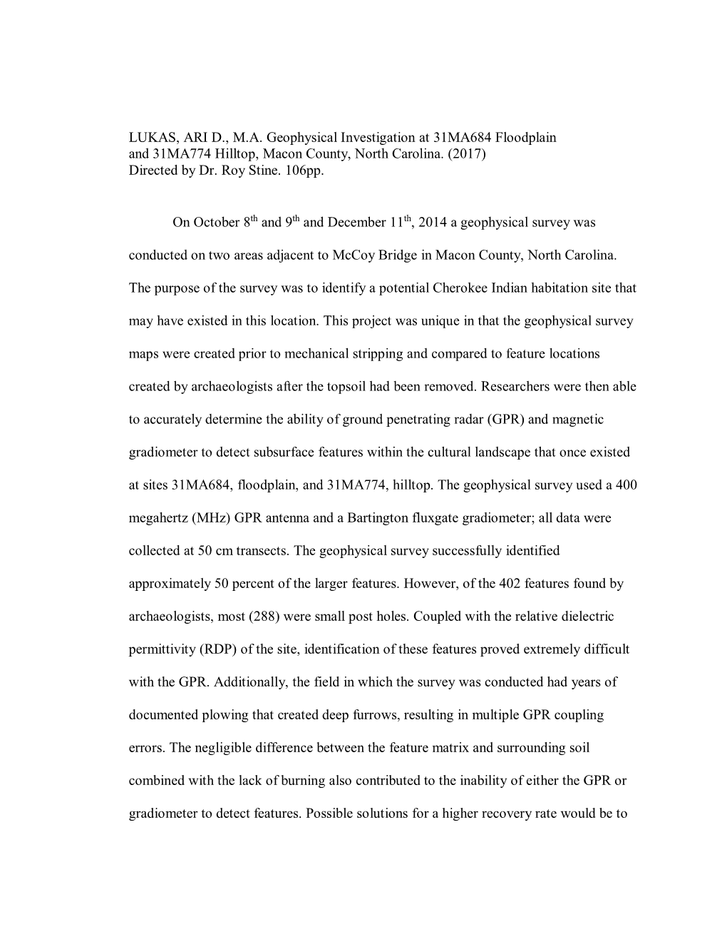 LUKAS, ARI D., MA Geophysical Investigation at 31MA684