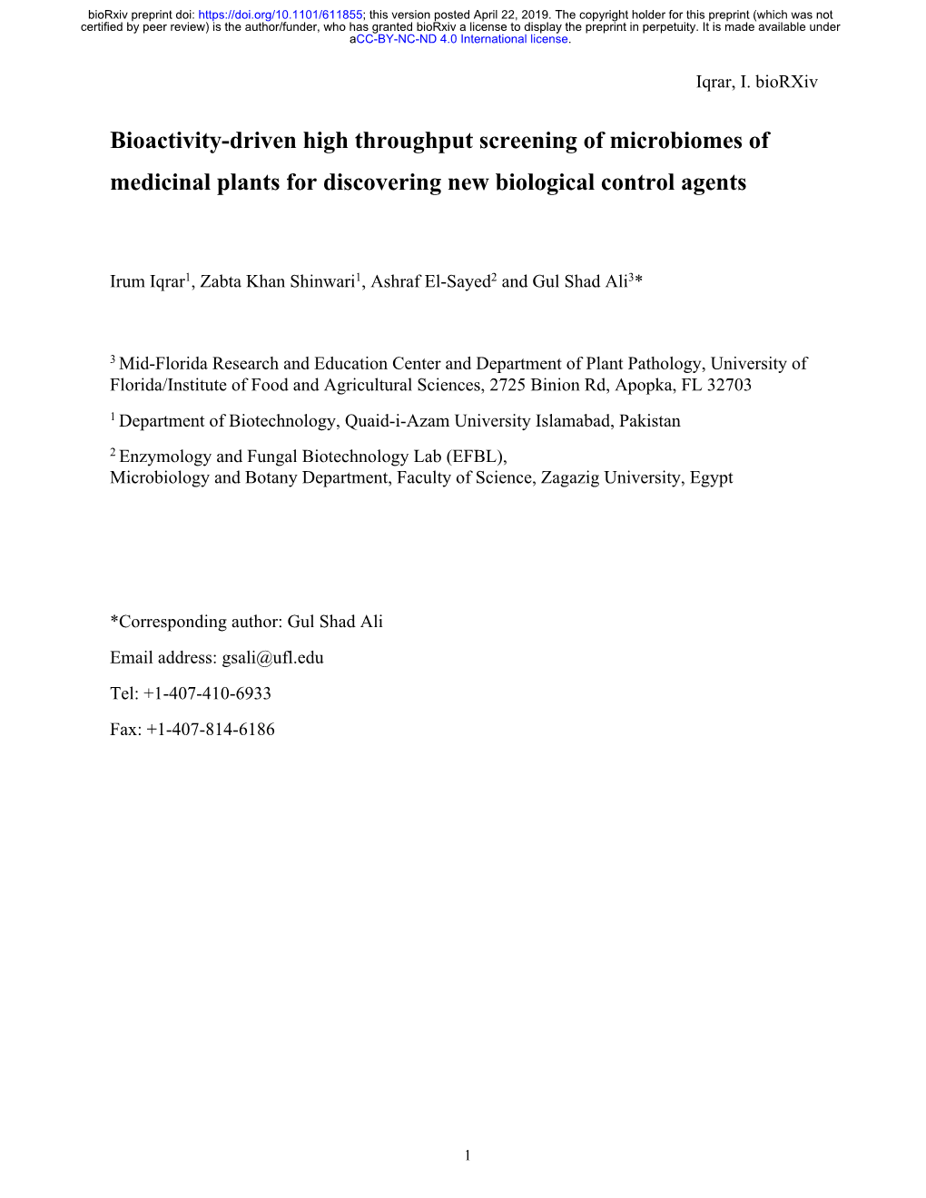 Bioactivity-Driven High Throughput Screening of Microbiomes of Medicinal Plants for Discovering New Biological Control Agents