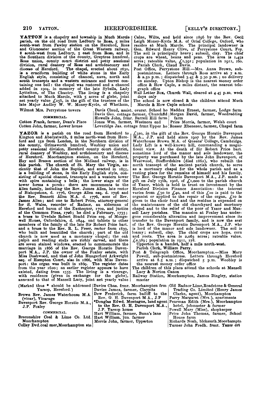 HEREFORDSHIRE. [KELLY's DIRECTORY.] YATTON Is a Chapelry and Township in Much Marcle Calne, Wilts, and L:Aeld Since X8g6 by the Rev