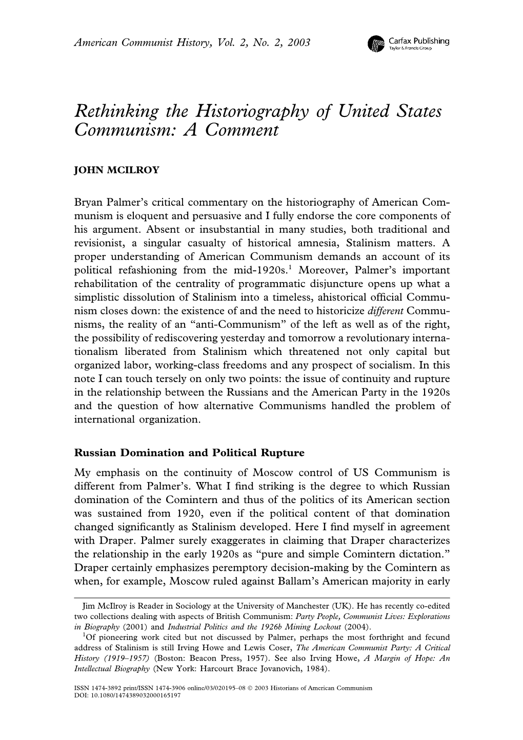 Rethinking the Historiography of United States Communism: a Comment