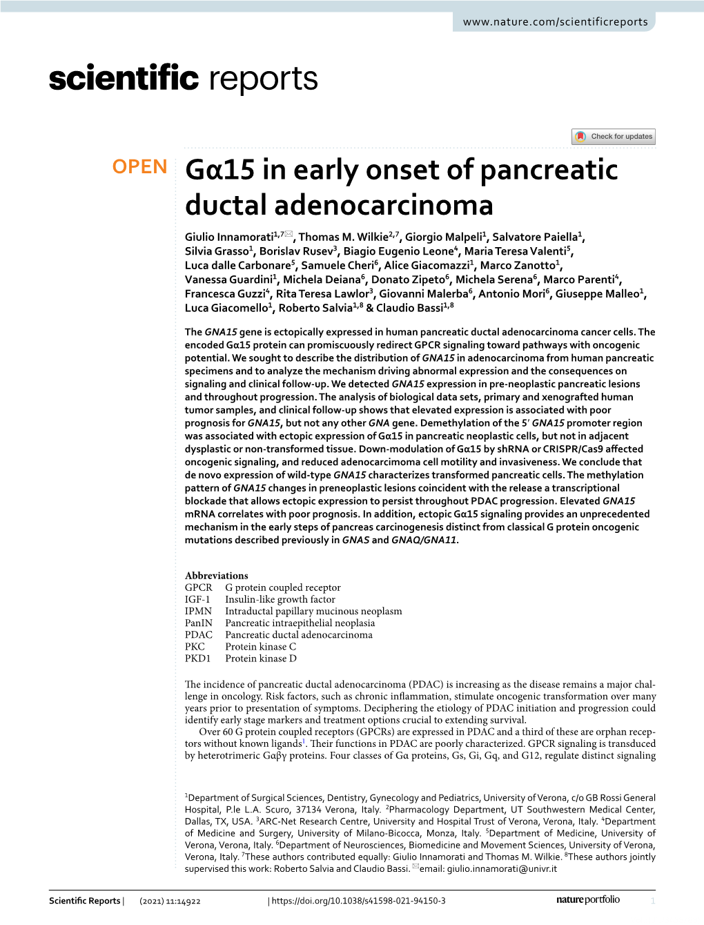 Gα15 in Early Onset of Pancreatic Ductal Adenocarcinoma Giulio Innamorati1,7*, Thomas M