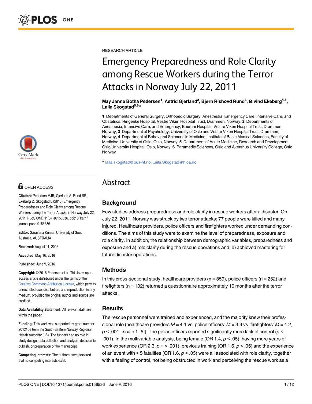 Emergency Preparedness and Role Clarity Among Rescue Workers During the Terror Attacks in Norway July 22, 2011