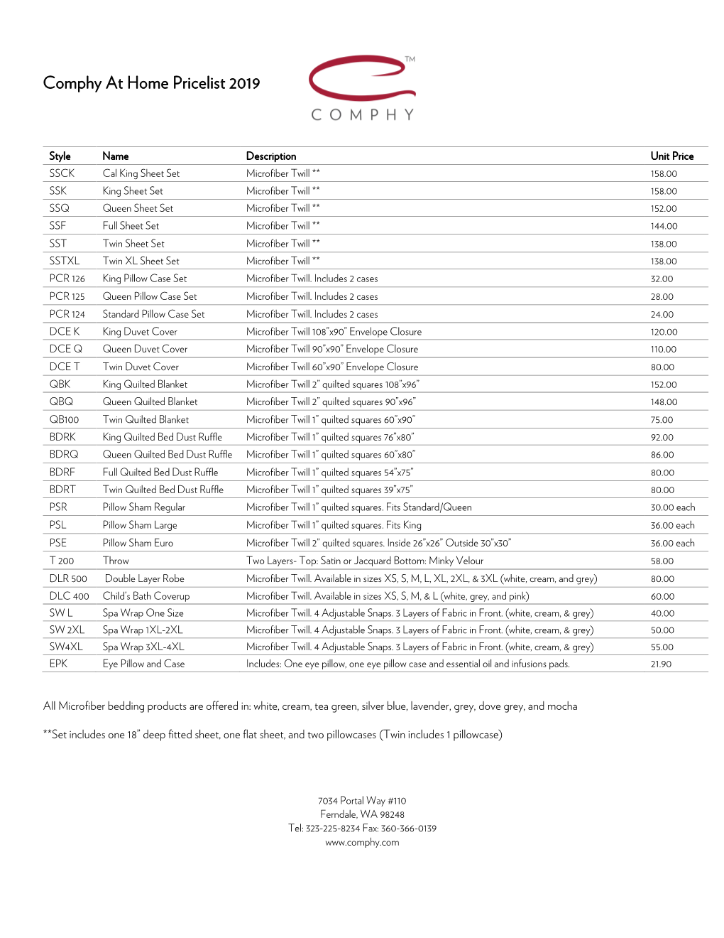 Comphy at Home Pricelist 2019