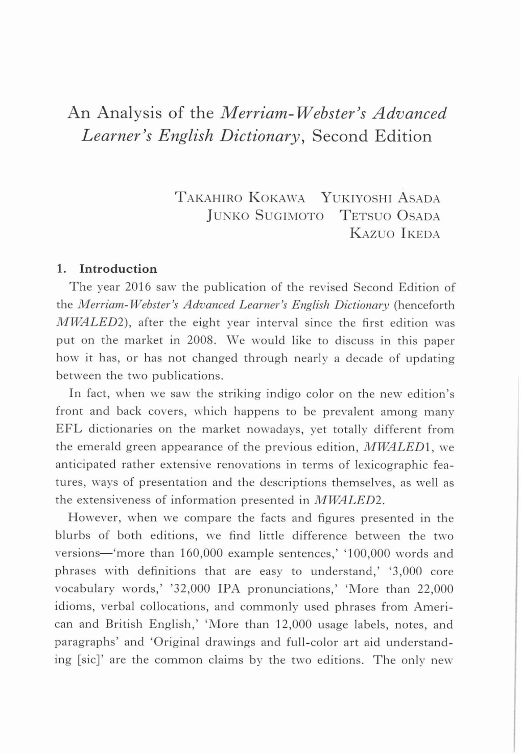 An Analysis of the Merriam-Webster's Advanced Learner's English Dictionary^ Second Edition