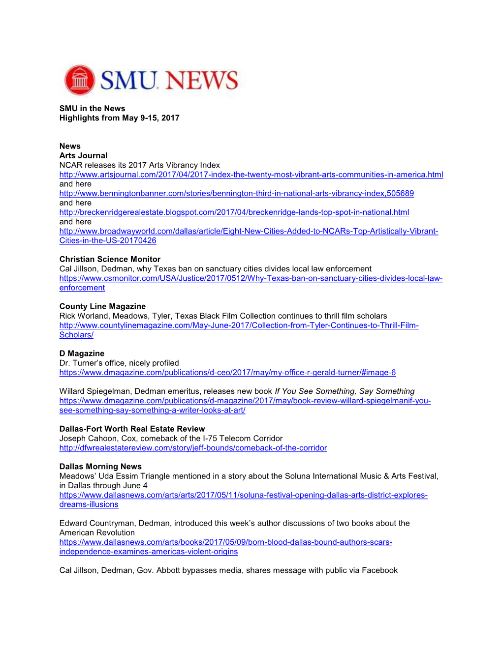 SMU in the News Highlights from May 9-15, 2017 News Arts Journal