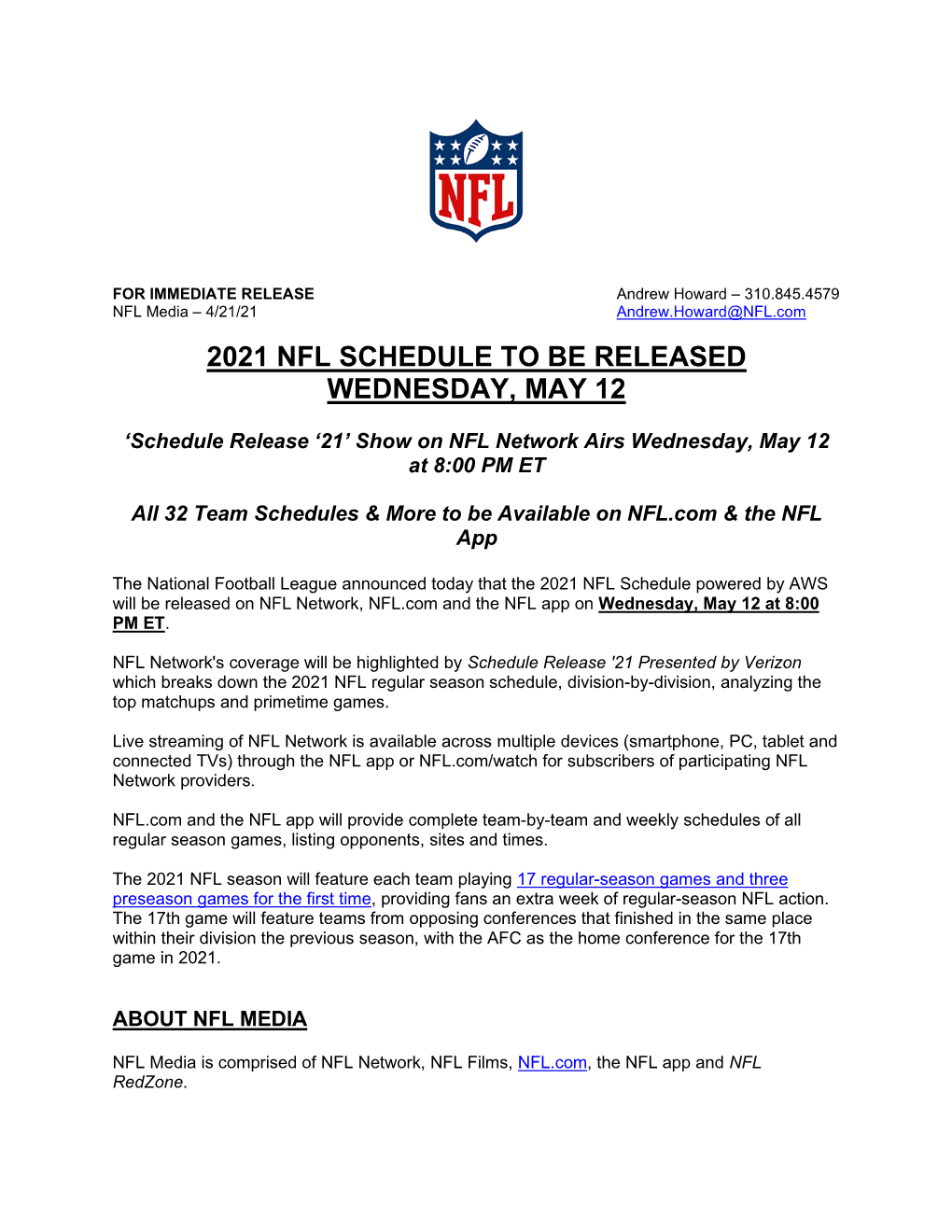 2021 Nfl Schedule to Be Released Wednesday, May 12