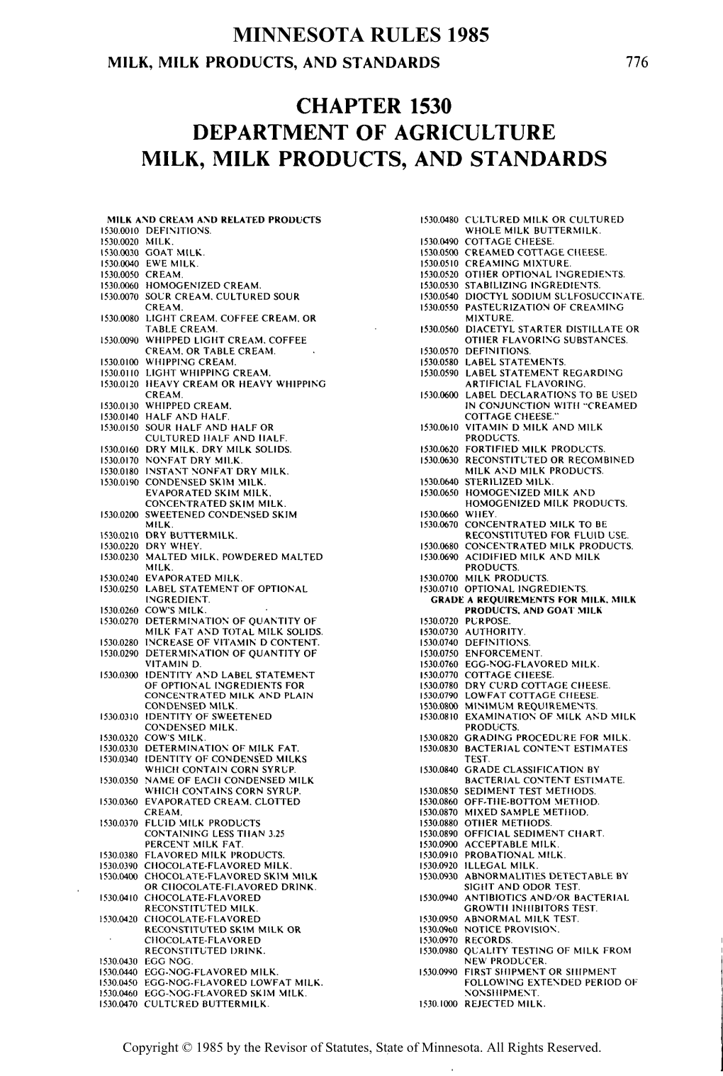 Chapter 1530 Department of Agriculture Milk, Milk Products, and Standards