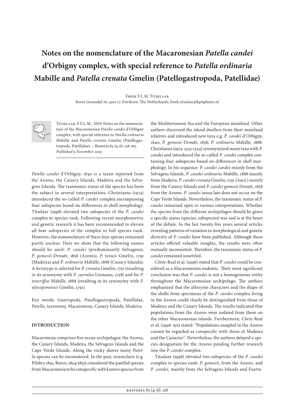 Notes on the Nomenclature of the Macaronesian Patella Candei D