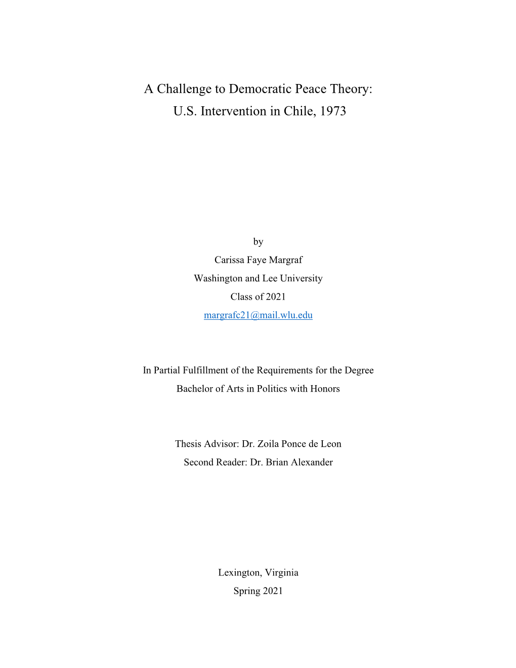 A Challenge to Democratic Peace Theory: U.S. Intervention in Chile, 1973