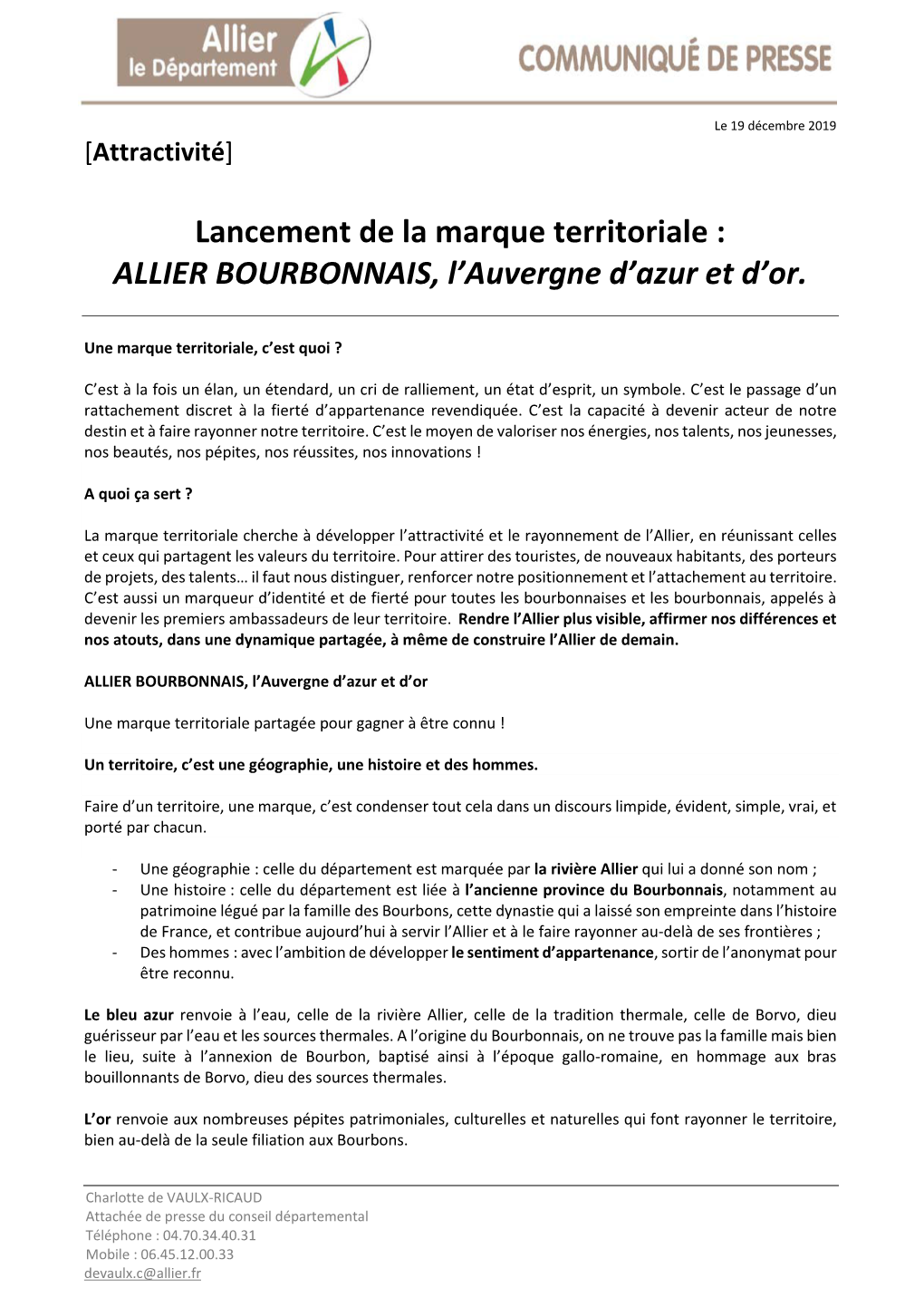 Lancement De La Marque Territoriale : ALLIER BOURBONNAIS, L'auvergne D'azur Et D'or