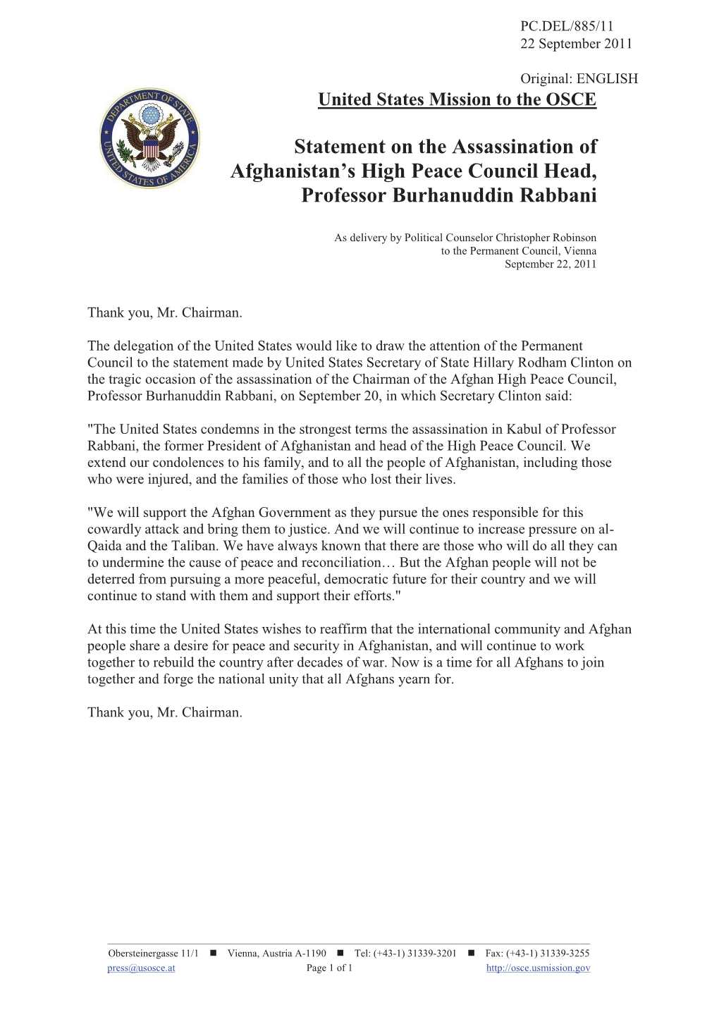 Statement on the Assassination of Afghanistan's High Peace Council