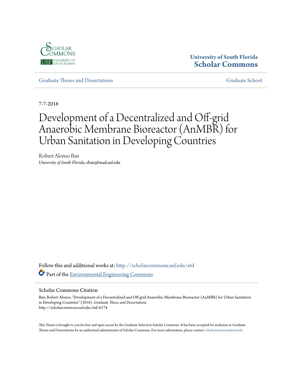 Anmbr) for Urban Sanitation in Developing Countries Robert Alonso Bair University of South Florida, Rbair@Mail.Usf.Edu