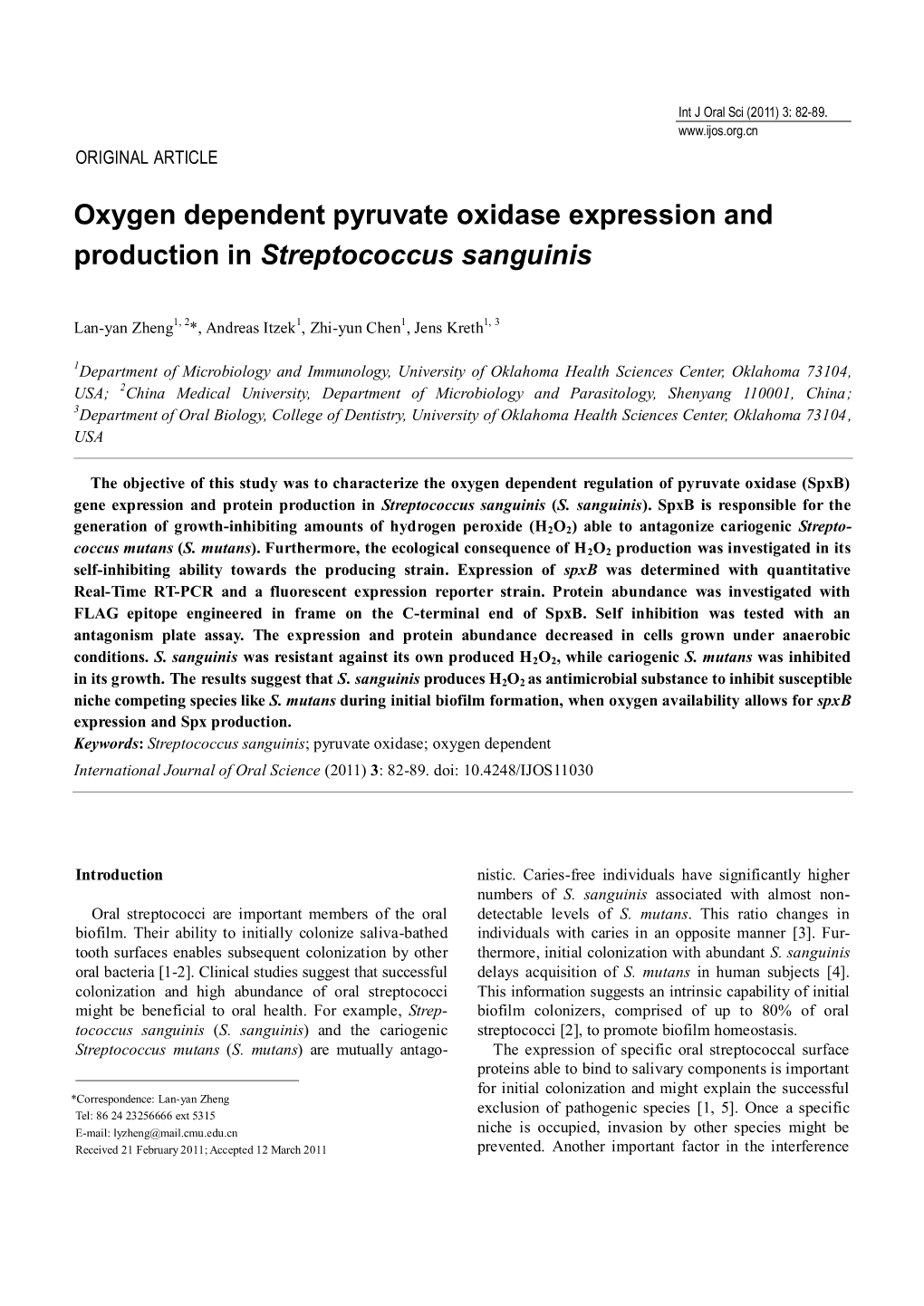 Oxygen Dependent Pyruvate Oxidase Expression and Production in Streptococcus Sanguinis