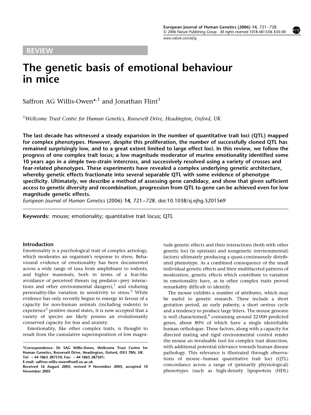 The Genetic Basis of Emotional Behaviour in Mice