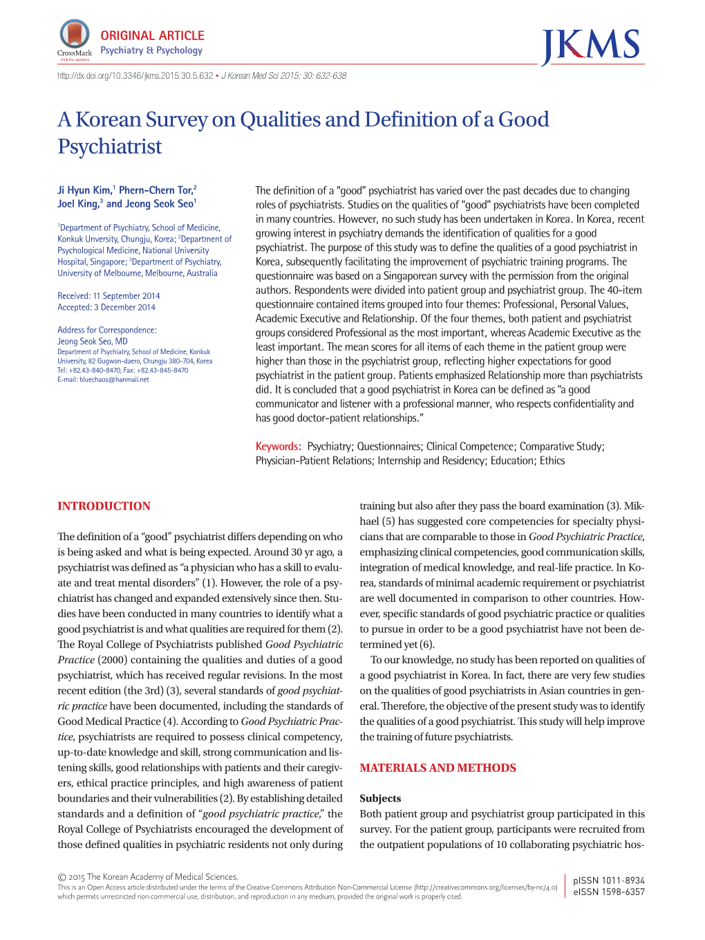 A Korean Survey on Qualities and Definition of a Good Psychiatrist