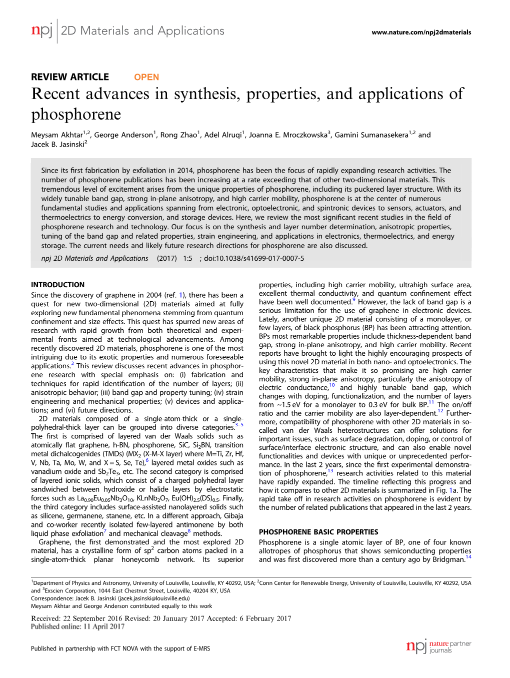 Recent Advances in Synthesis, Properties, and Applications of Phosphorene