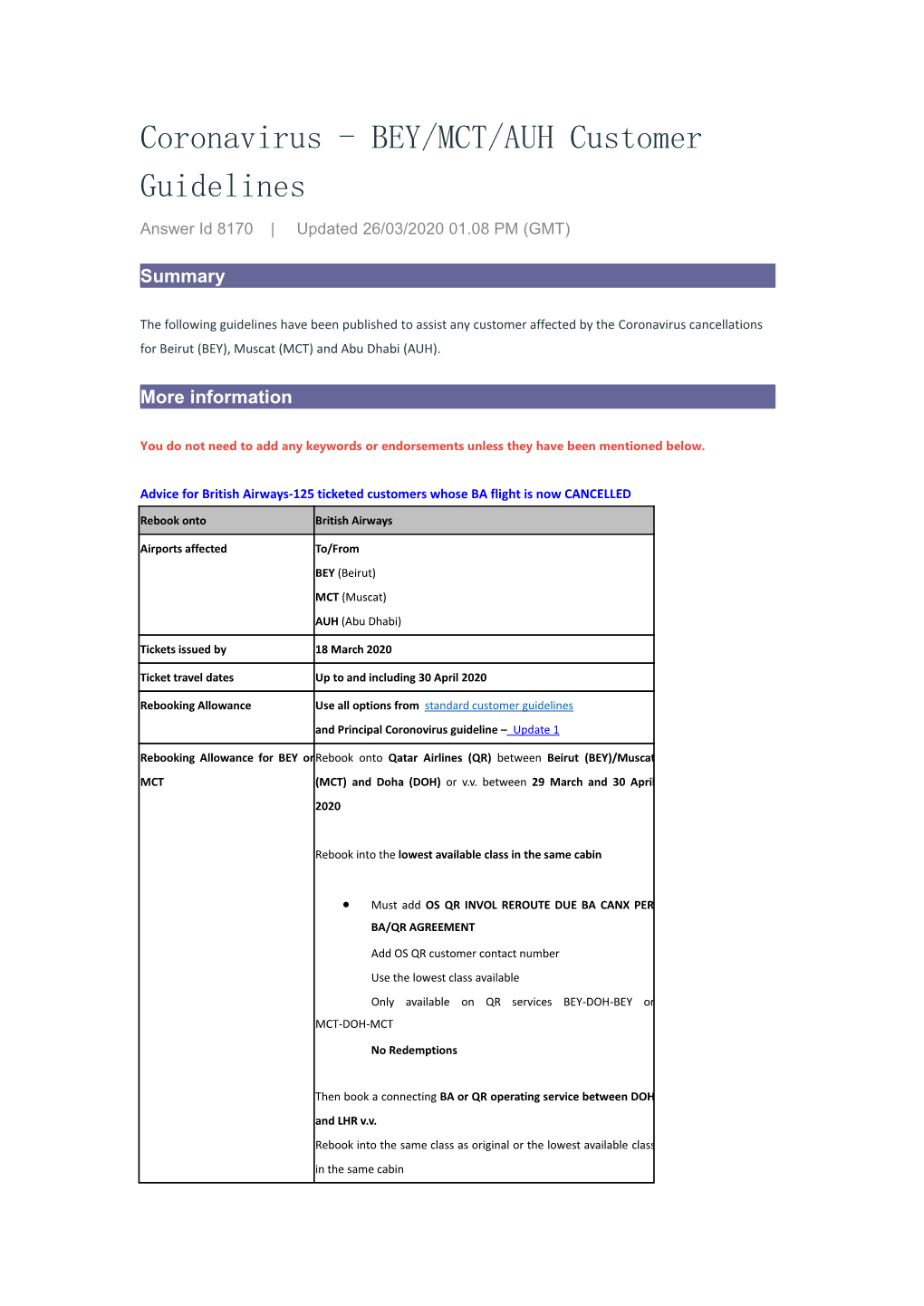 Coronavirus - BEY/MCT/AUH Customer Guidelines