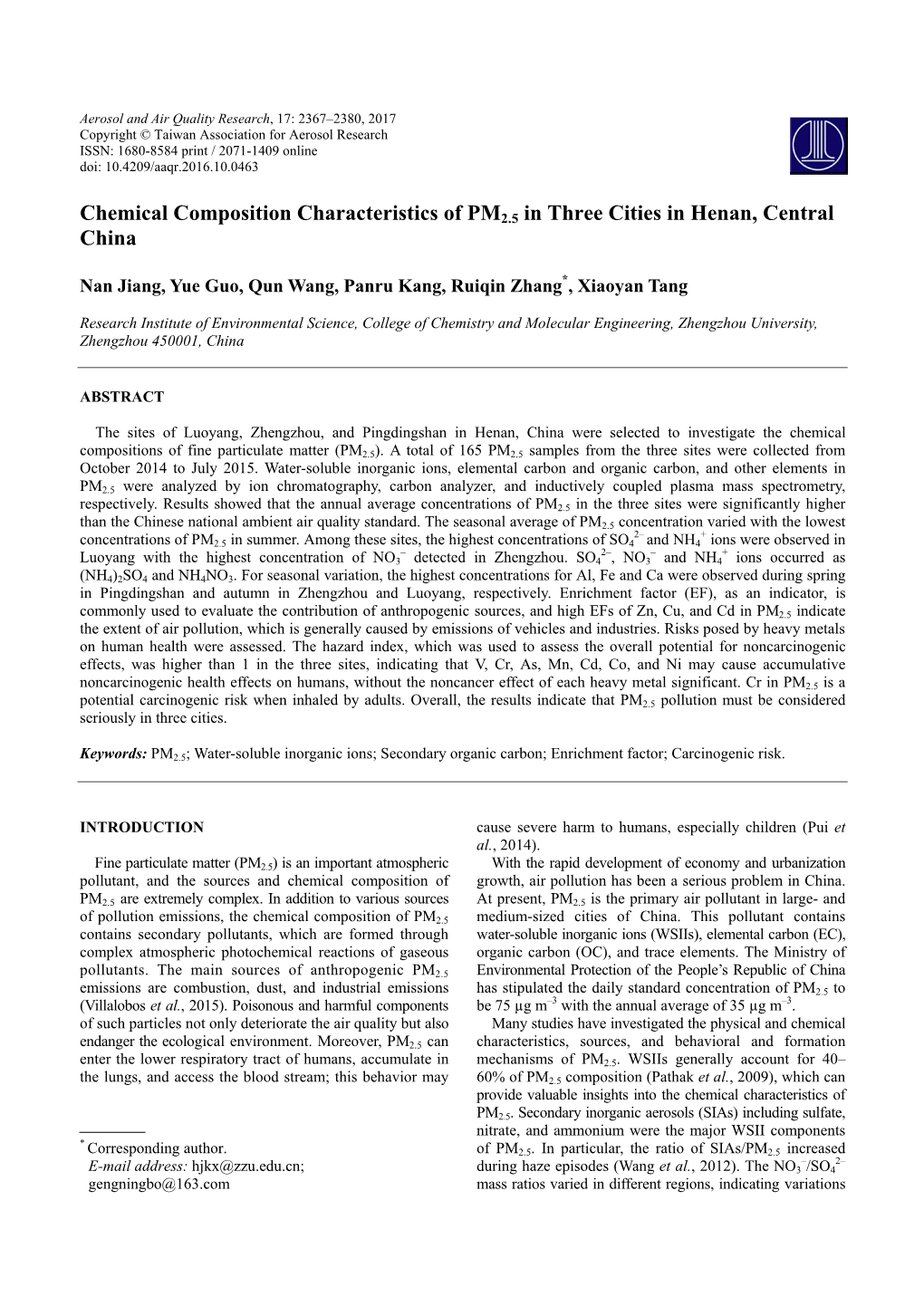 Chemical Composition Characteristics of PM2.5 in Three Cities in Henan, Central China