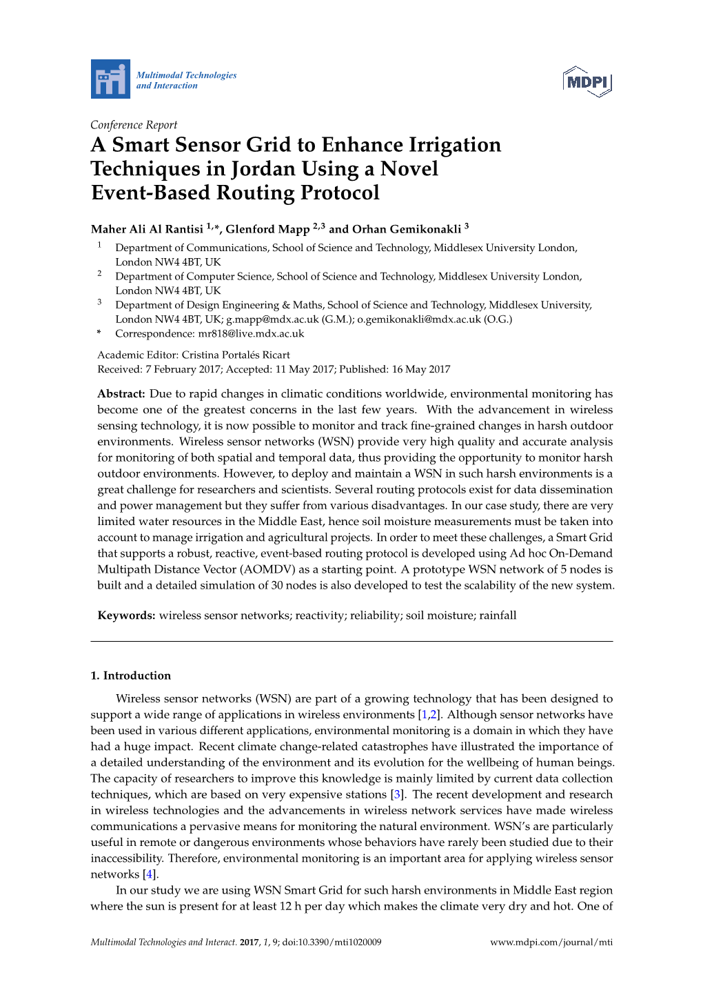 A Smart Sensor Grid to Enhance Irrigation Techniques in Jordan Using a Novel Event-Based Routing Protocol