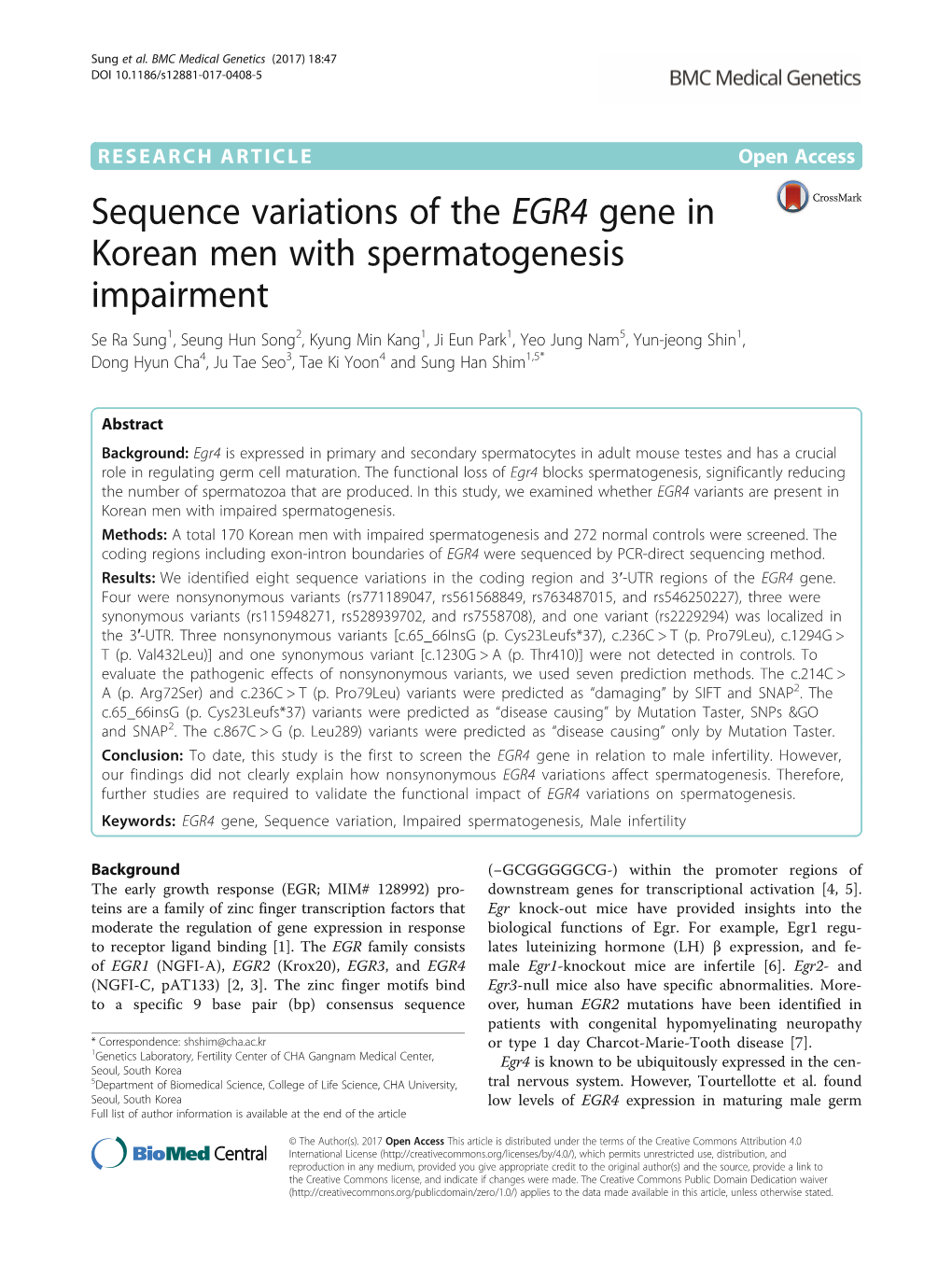 Sequence Variations of the EGR4 Gene in Korean Men With