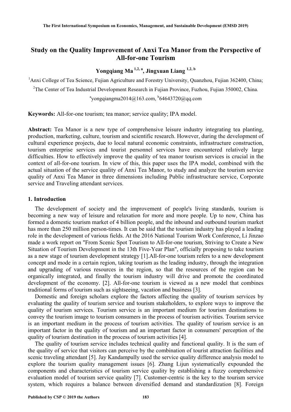 Study on the Quality Improvement of Anxi Tea Manor from the Perspective of All-For-One Tourism