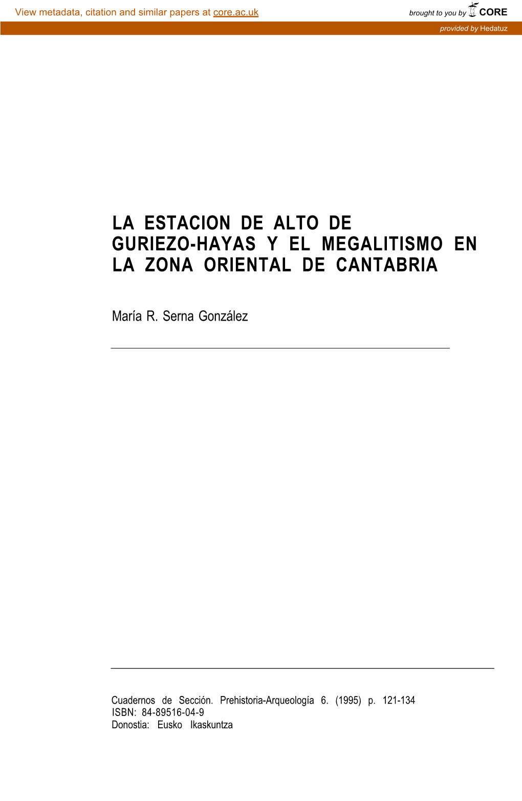 La Estación De Alto De Guriezo-Hayas Y El Megalitismo En La Zona Oriental