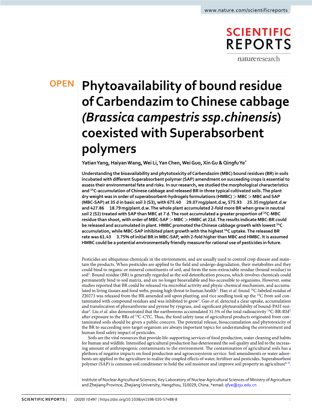 Phytoavailability of Bound Residue of Carbendazim to Chinese