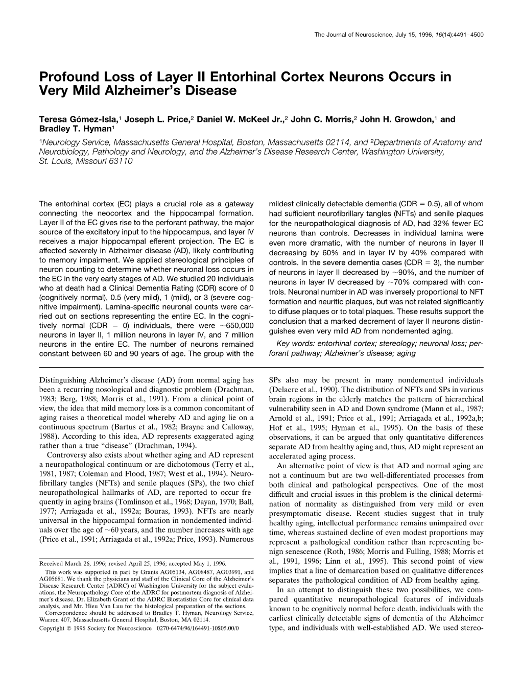 Profound Loss of Layer II Entorhinal Cortex Neurons Occurs in Very Mild Alzheimer’S Disease