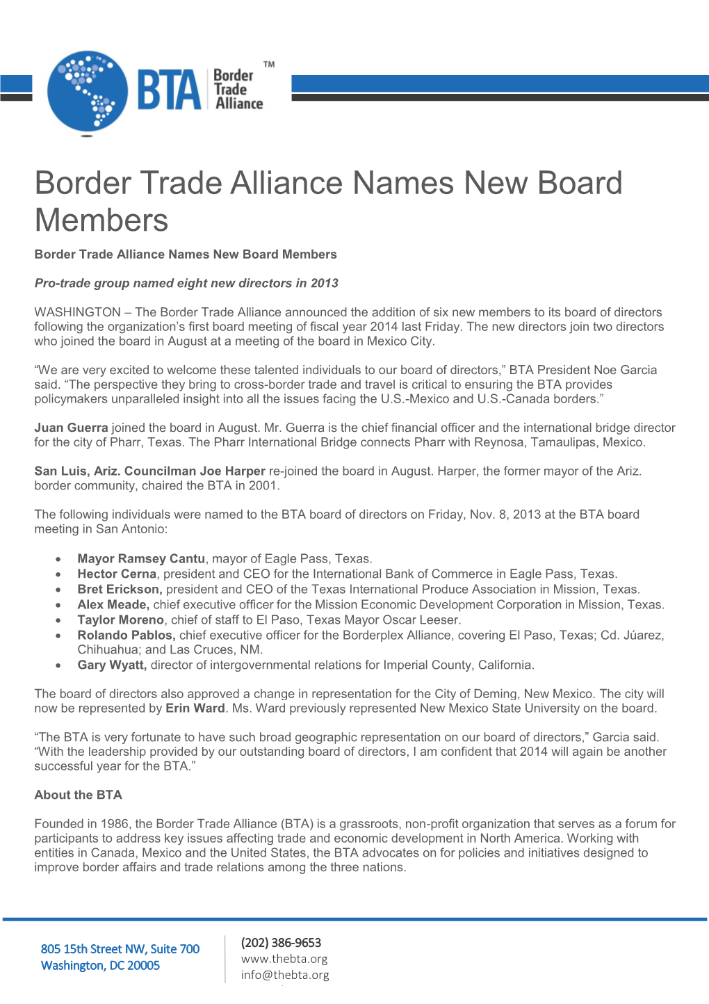 Border Trade Alliance Names New Board Members Border Trade Alliance Names New Board Members