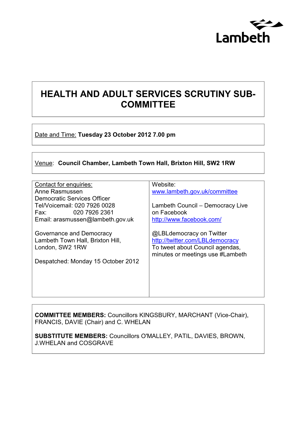 Health and Adult Services Scrutiny Sub- Committee