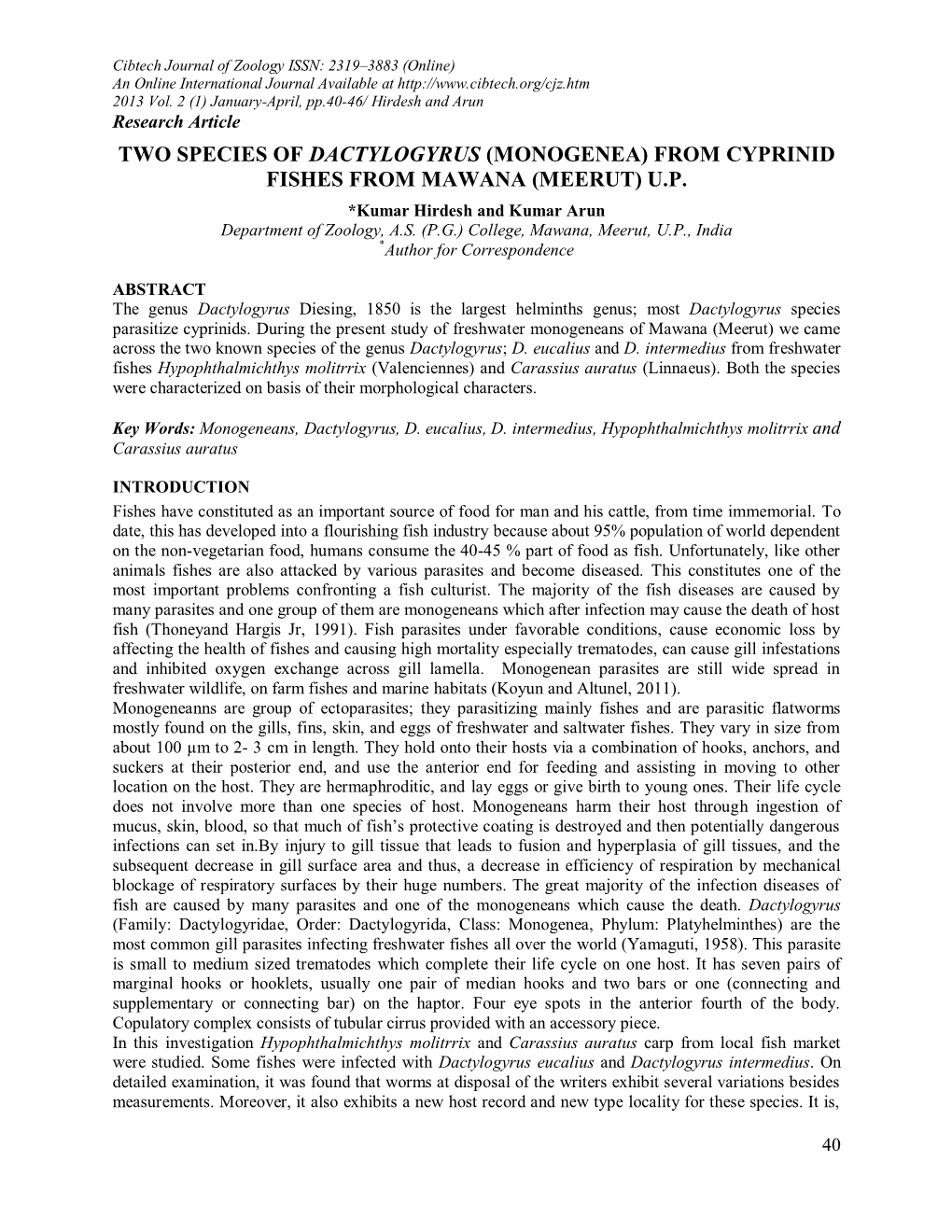 Monogenean Fauna of Mawana (Meerut)