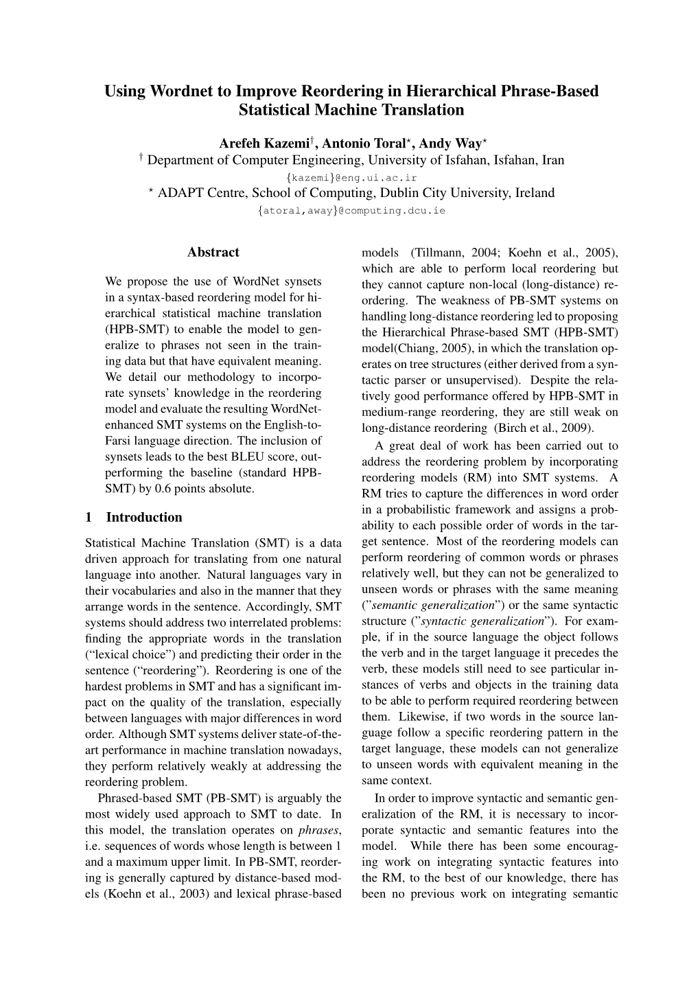 Using Wordnet to Improve Reordering in Hierarchical Phrase-Based Statistical Machine Translation