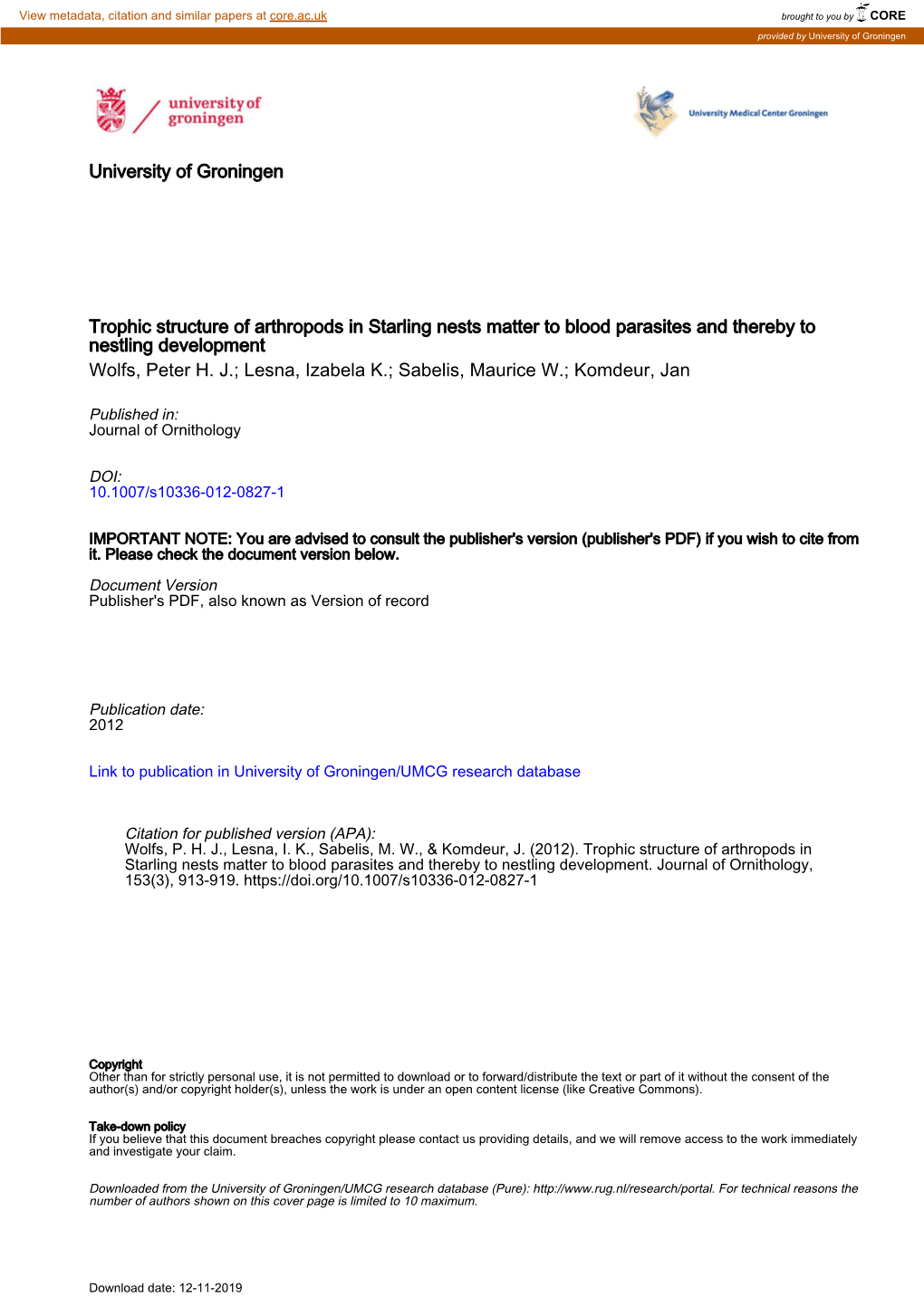 University of Groningen Trophic Structure of Arthropods in Starling